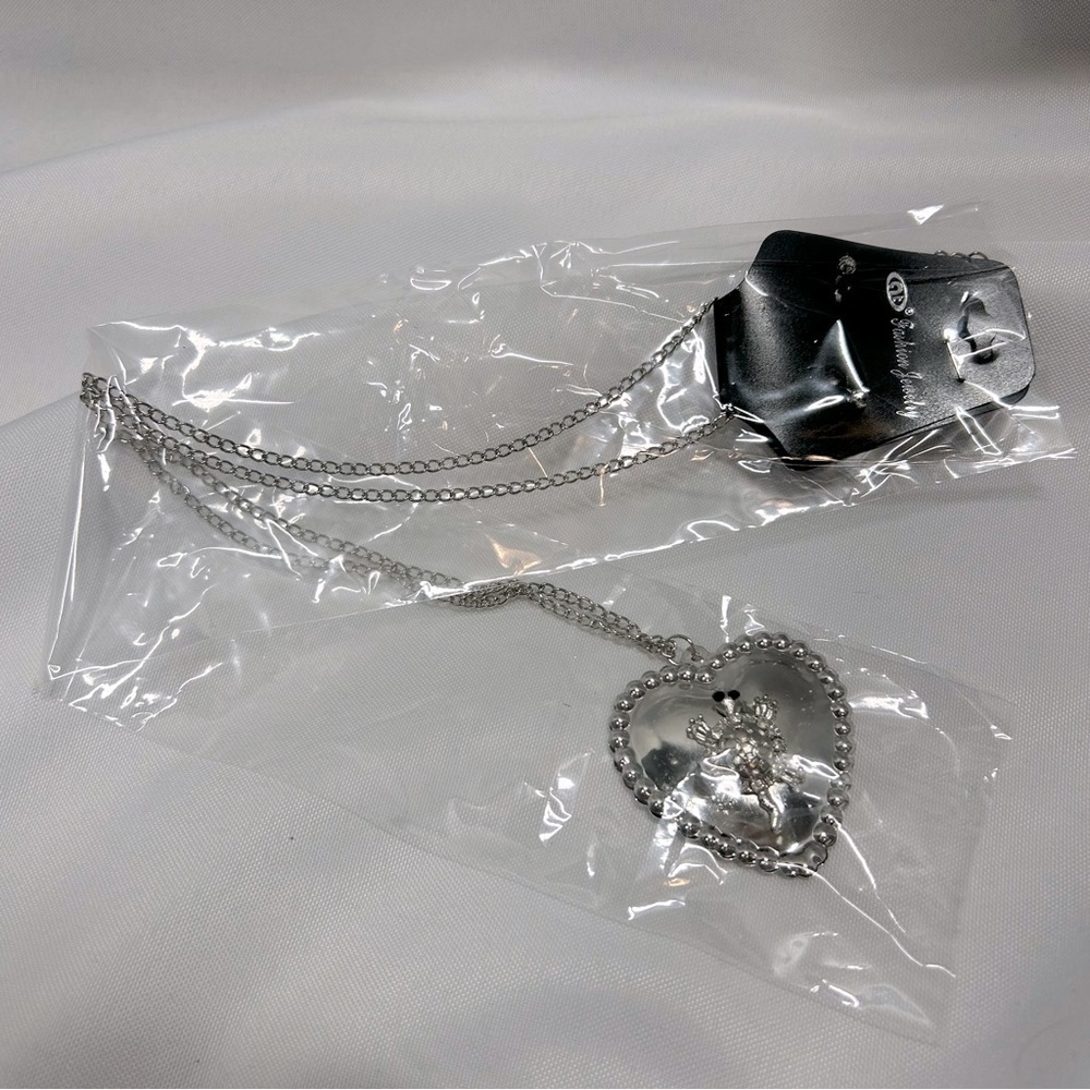 NWT Turtle Heart Necklace With Earrings Long Chain Silver Diamonds Jewelry